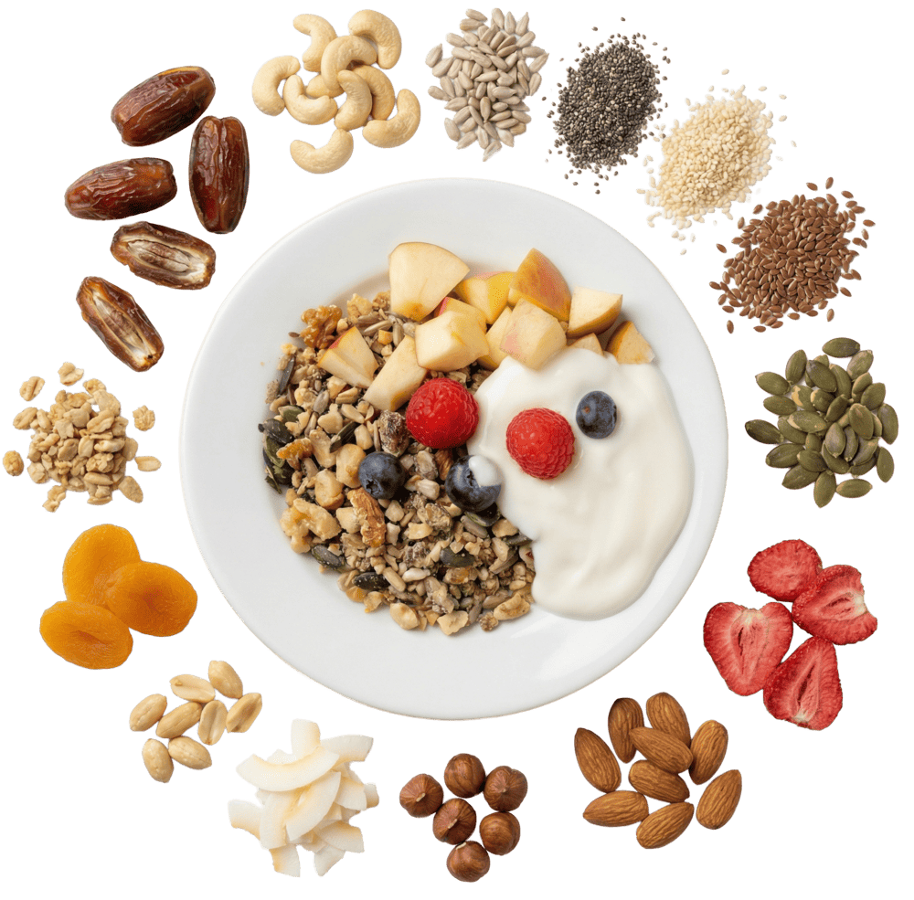 Müsli Topping mit Nüssen, Saaten und Trockenfrüchten auf Joghurt mit Beeren und Apfelstücken