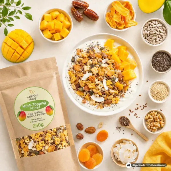 KI generierte Produktvisualisierung: Topping Queen Mango mit Zutaten und angerichteter Schale