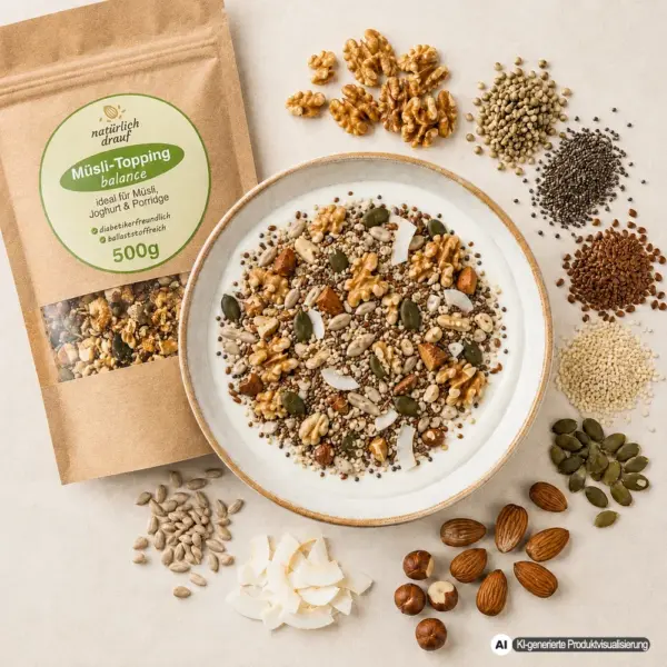 KI generierte Produktvisualisierung: Müsli Topping balance mit Zutaten und angerichteter Schale