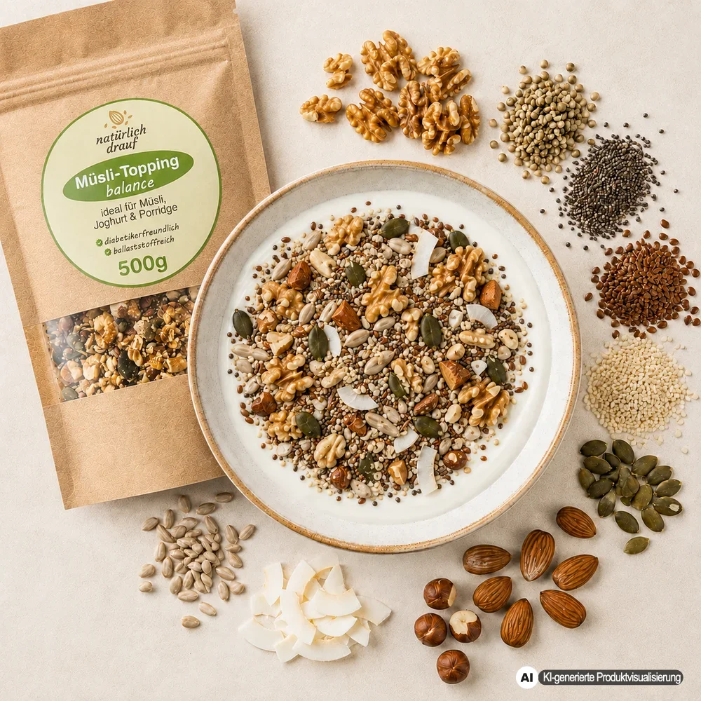 KI generierte Produktvisualisierung: Müsli Topping balance mit Zutaten und angerichteter Schale