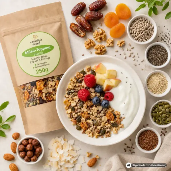 KI generierte Produktvisualisierung: Müsli Topping classic mit Zutaten und angerichteter Schale