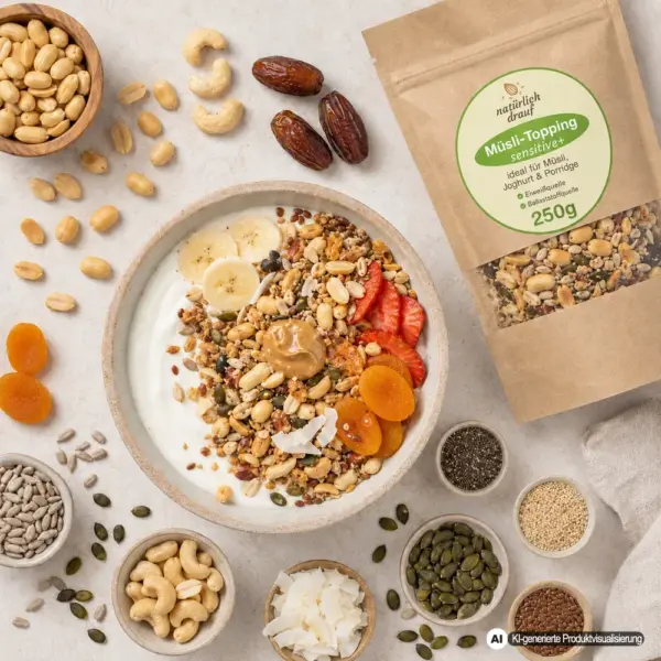 KI generierte Produktvisualisierung: Müsli Topping sensitive+ mit Zutaten und angerichteter Schale
