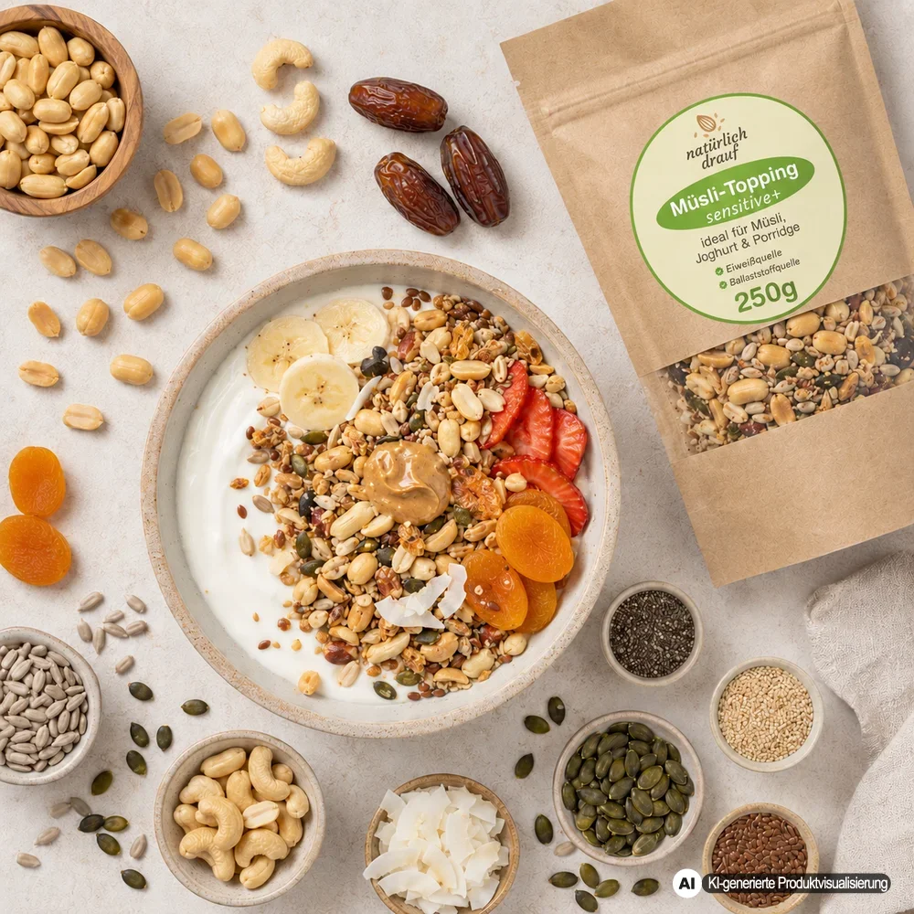 KI generierte Produktvisualisierung: Müsli Topping sensitive+ mit Zutaten und angerichteter Schale