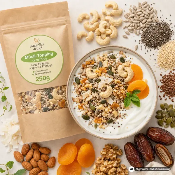 KI generierte Produktvisualisierung: Müsli Topping sensitive mit Zutaten und angerichteter Schale