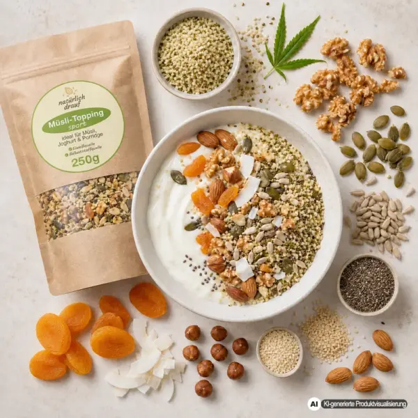 KI generierte Produktvisualisierung: Müsli Topping sport mit Zutaten und angerichteter Schale
